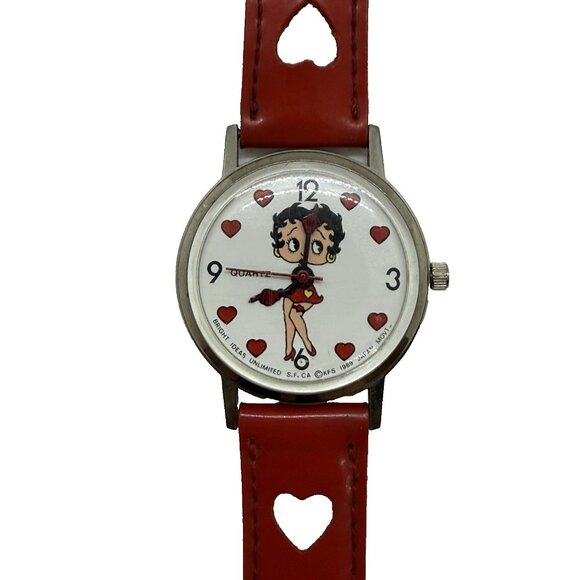 Betty Boop Watch 1989 Bright Ideas Unlimited Hong Kong Red Hearts Leather Band - Picture 1 of 7